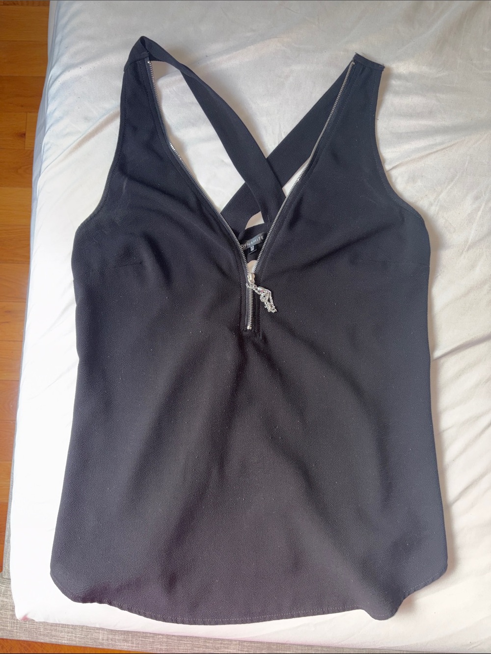 Dynamite Black V‑Neck Zip-Front Camisole with Crisscross Back